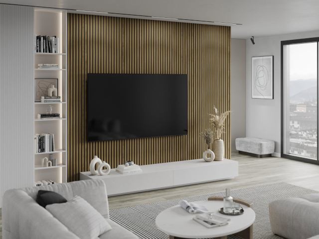 lamelle di rovere naturale in salotto