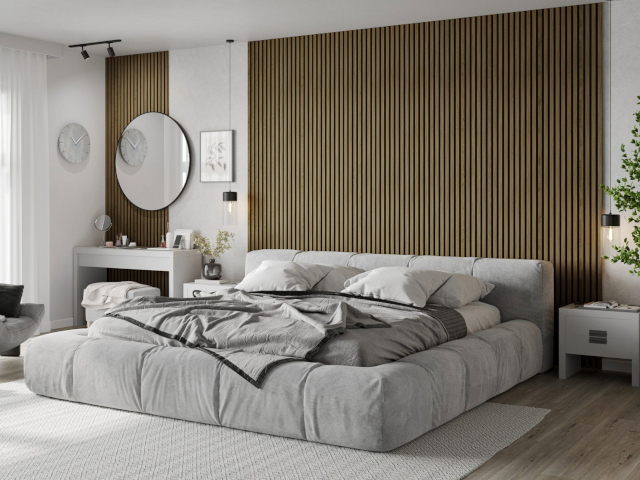 lamelle a parete in rovere nella camera da letto