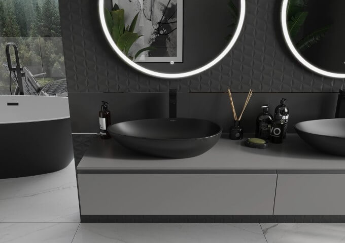 Lavabo elegante in un bagno con piastrelle viniliche terrazzo