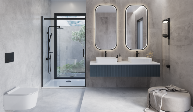 Bagno moderno con due lavabi da appoggio