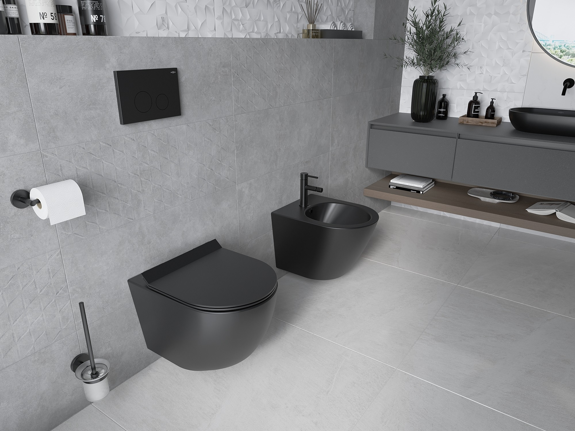 Moderno bagno grigio con accessori neri