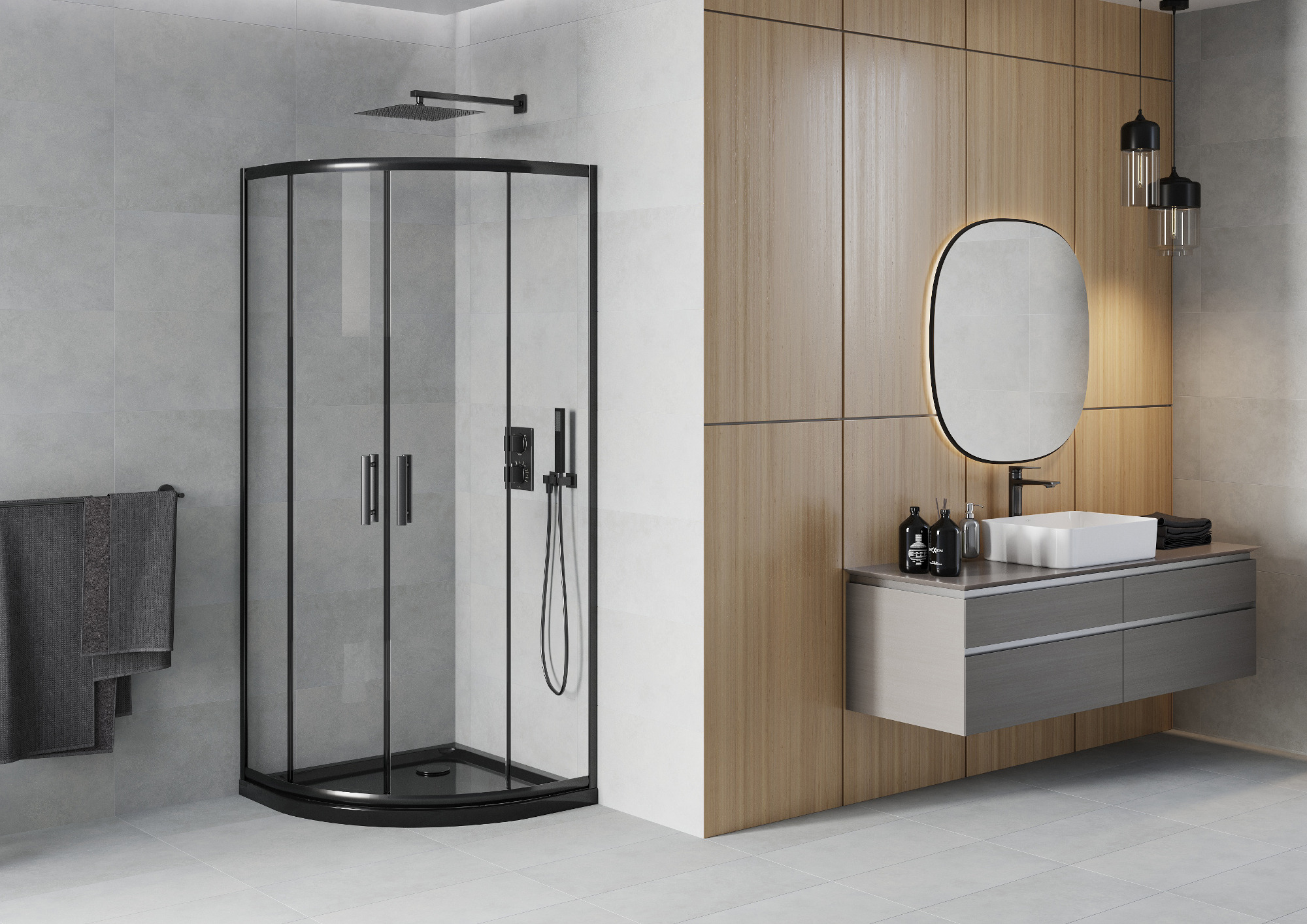 Cabina nera semicircolare in stile minimalista