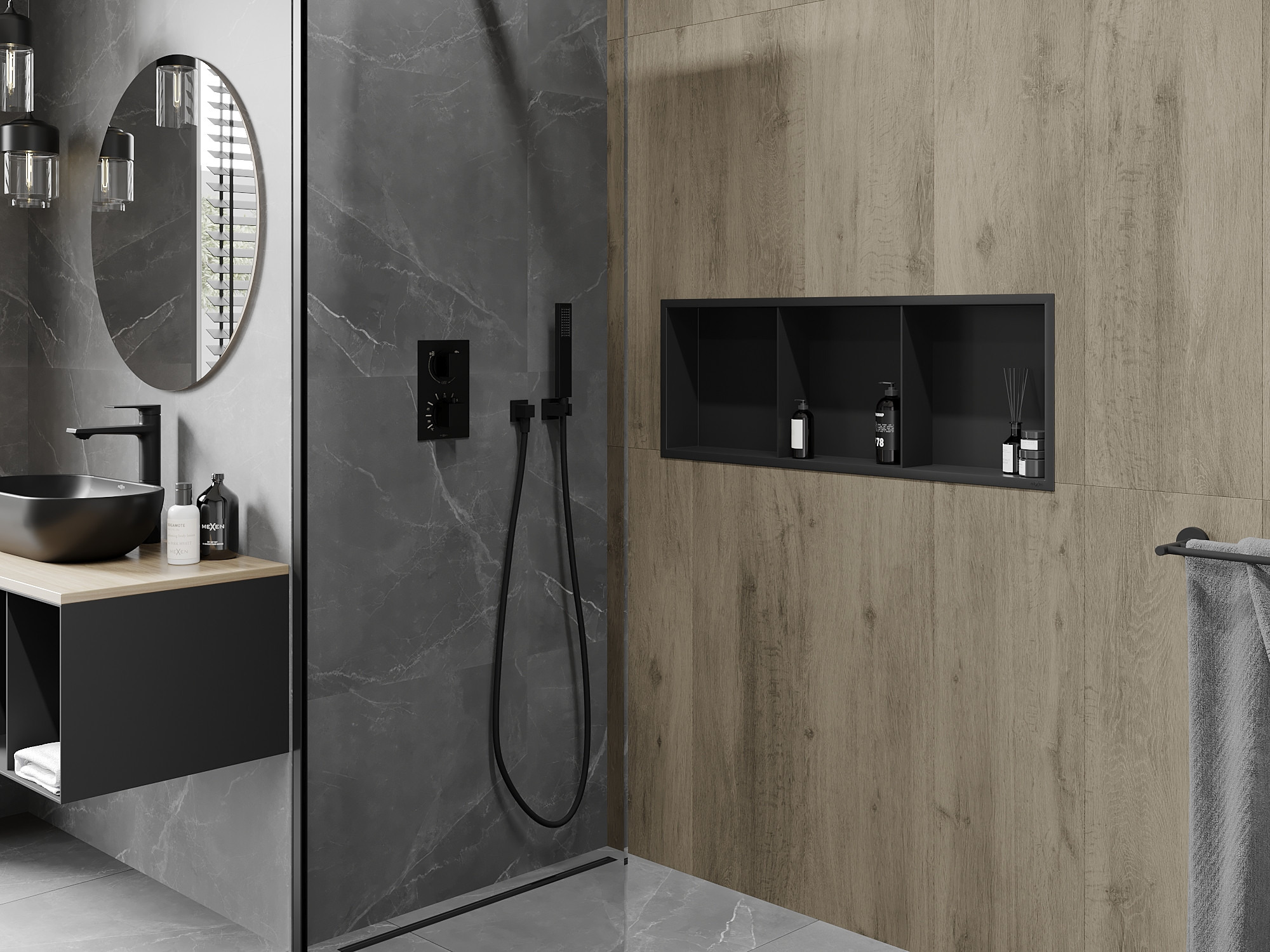 Bagno industriale con mensola incorporata nella doccia