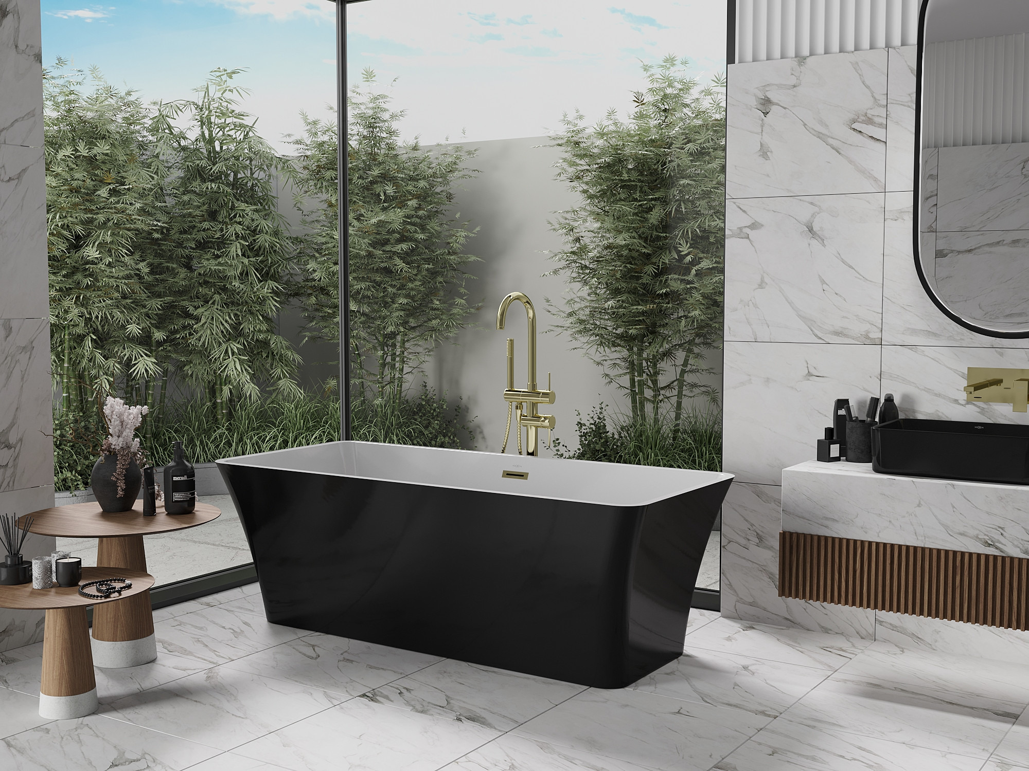 Combinazione di nero e oro nel bagno in marmo