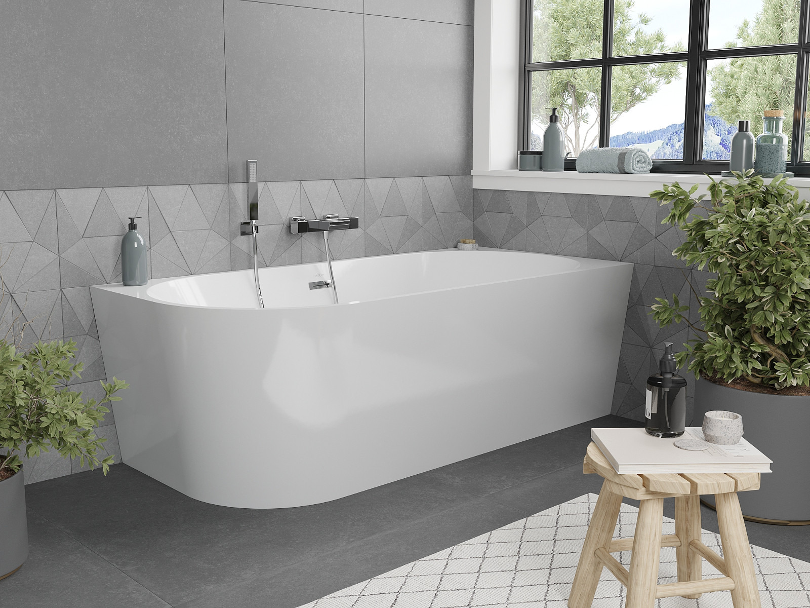 Vasca da bagno angolare freestanding in un bagno grigio ispirato alla natura