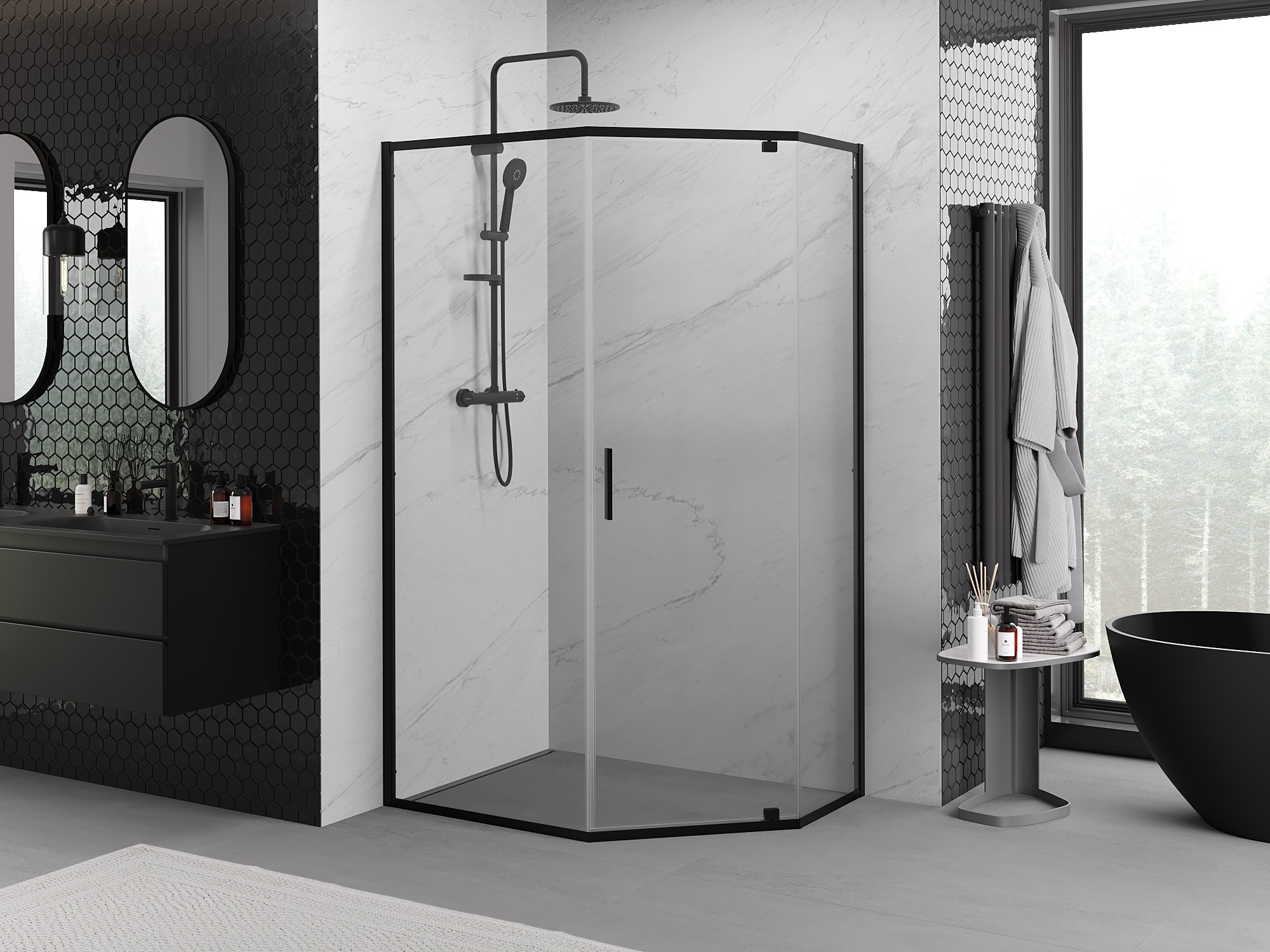Cabina pentagonale nera – geometria moderna in un elegante bagno
