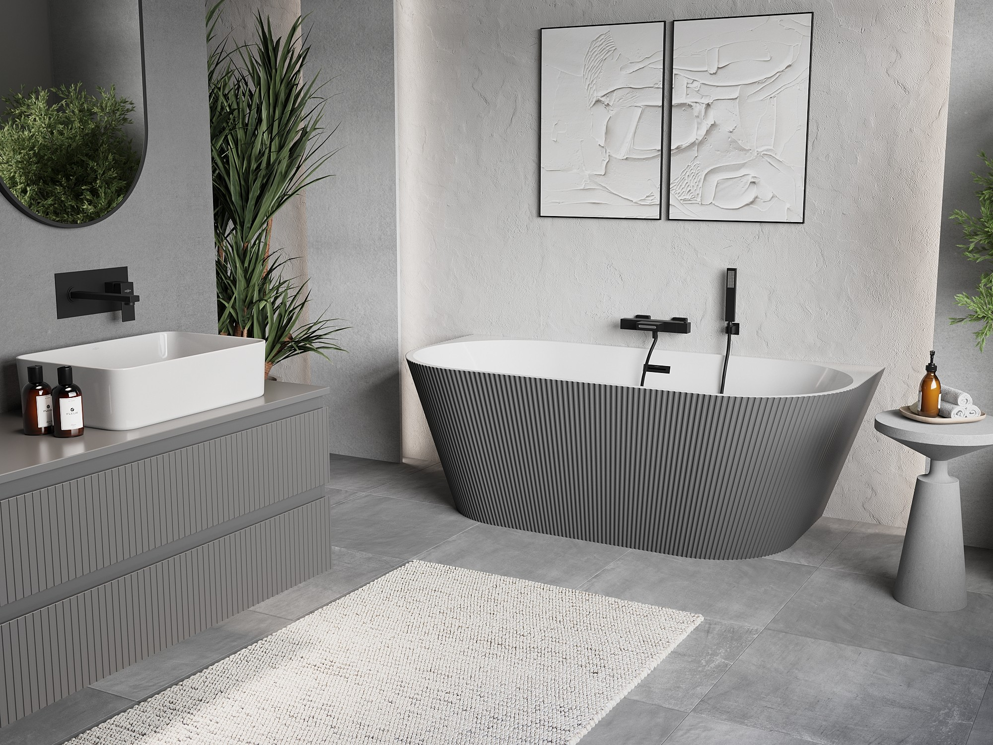 Grigio minimalista con vasca da bagno freestanding scanalata