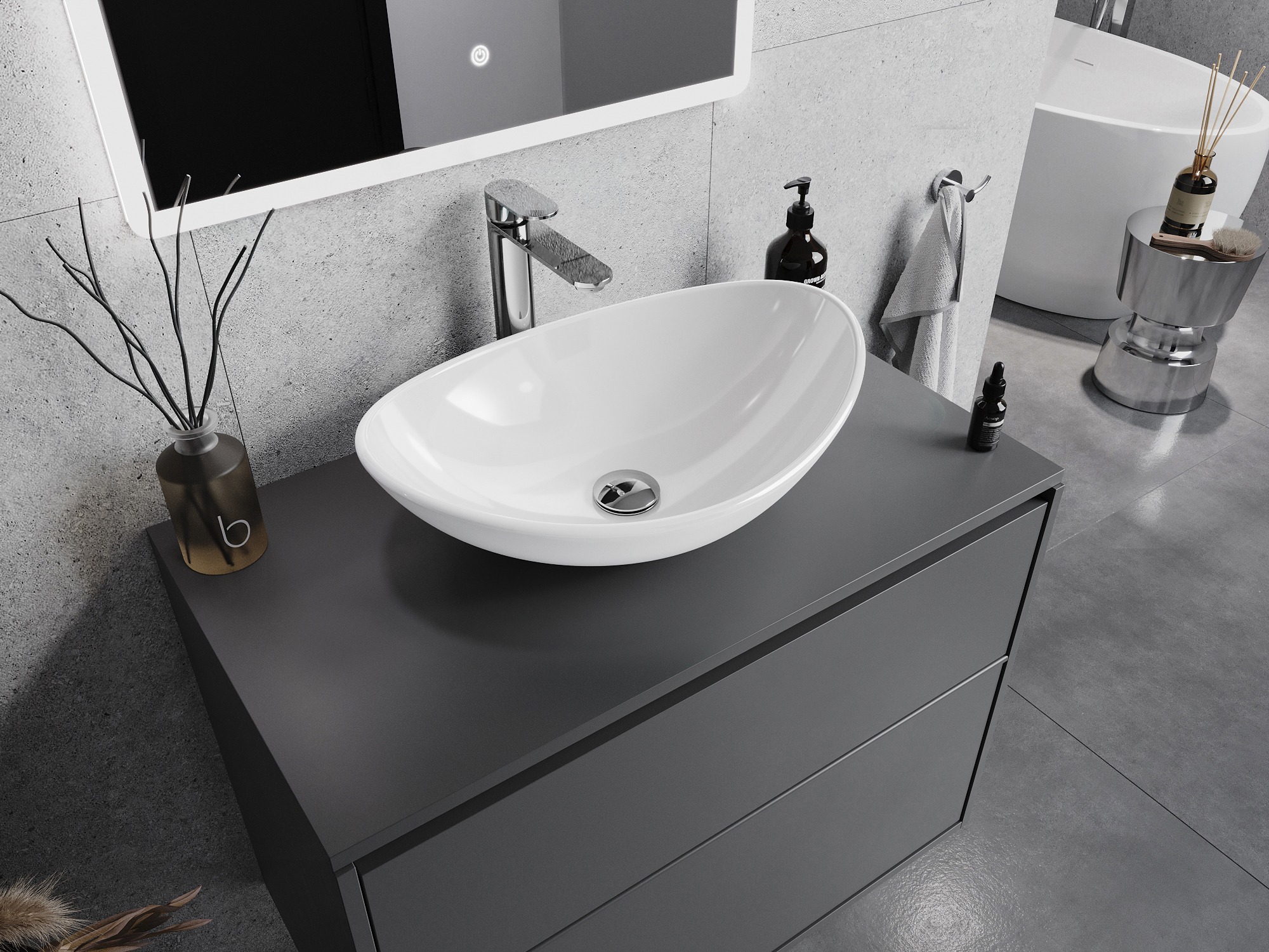 Moderno bagno grigio con lavabo in vetro bianco
