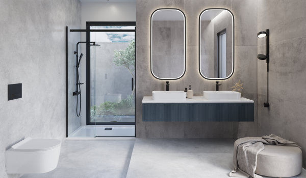 Bagno moderno con due lavabi da appoggio