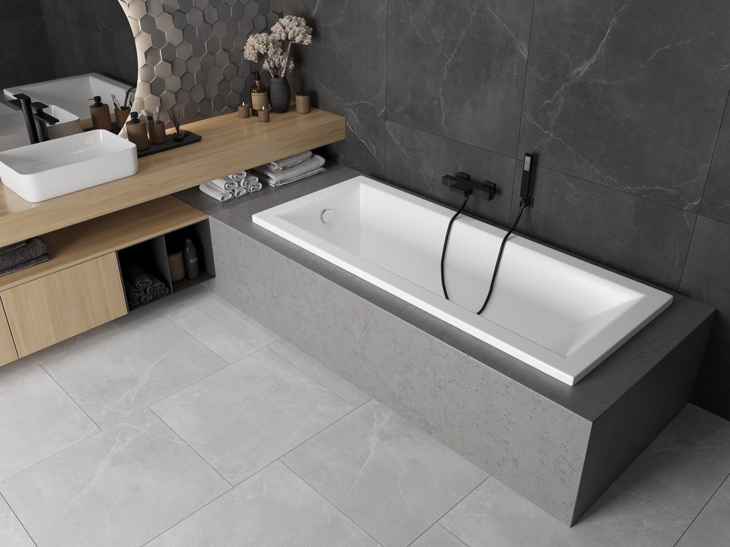 Bagno in stile industriale con vasca rettangolare