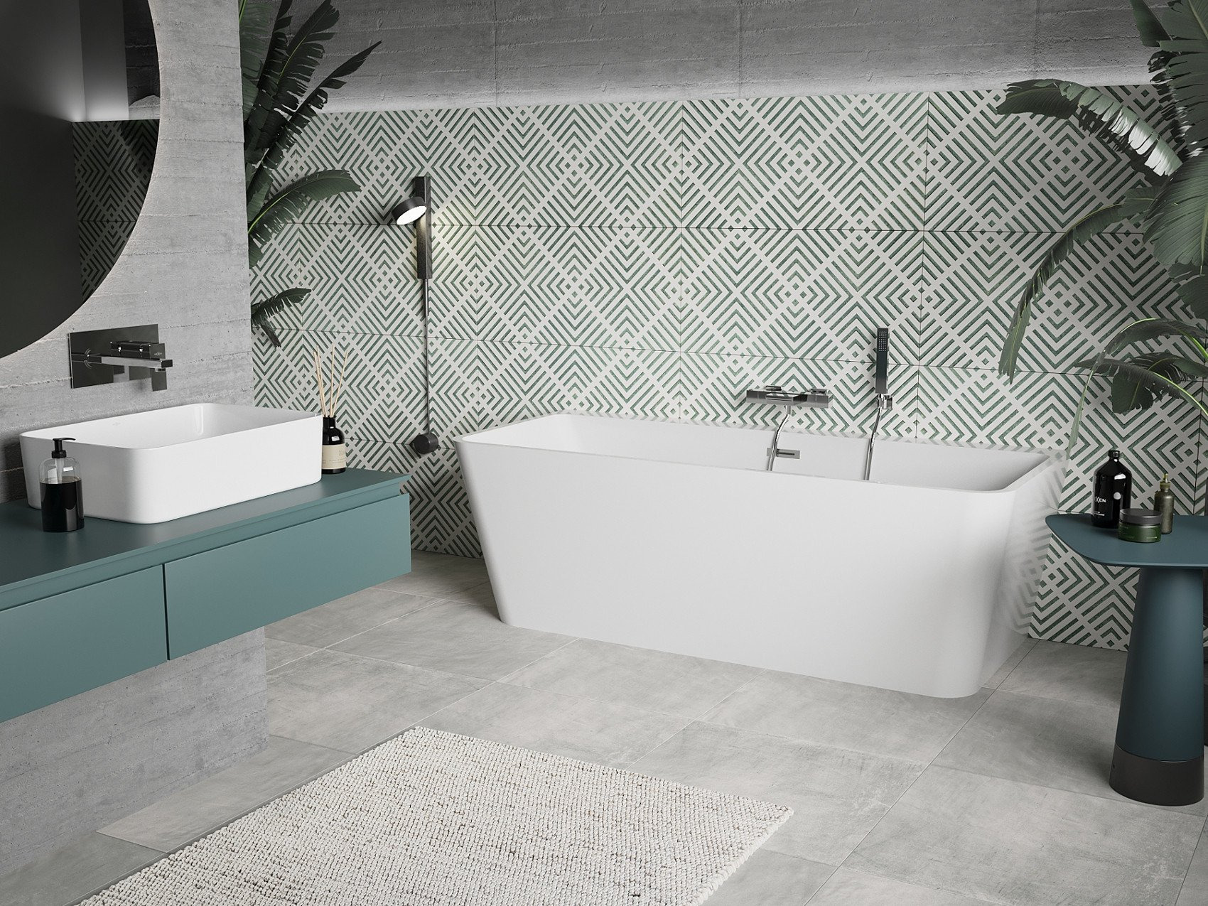 Bagno in cemento con elementi in stile boho