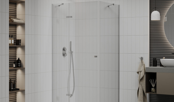 Accogliente bagno: combinazione di pareti beige con cabina doccia