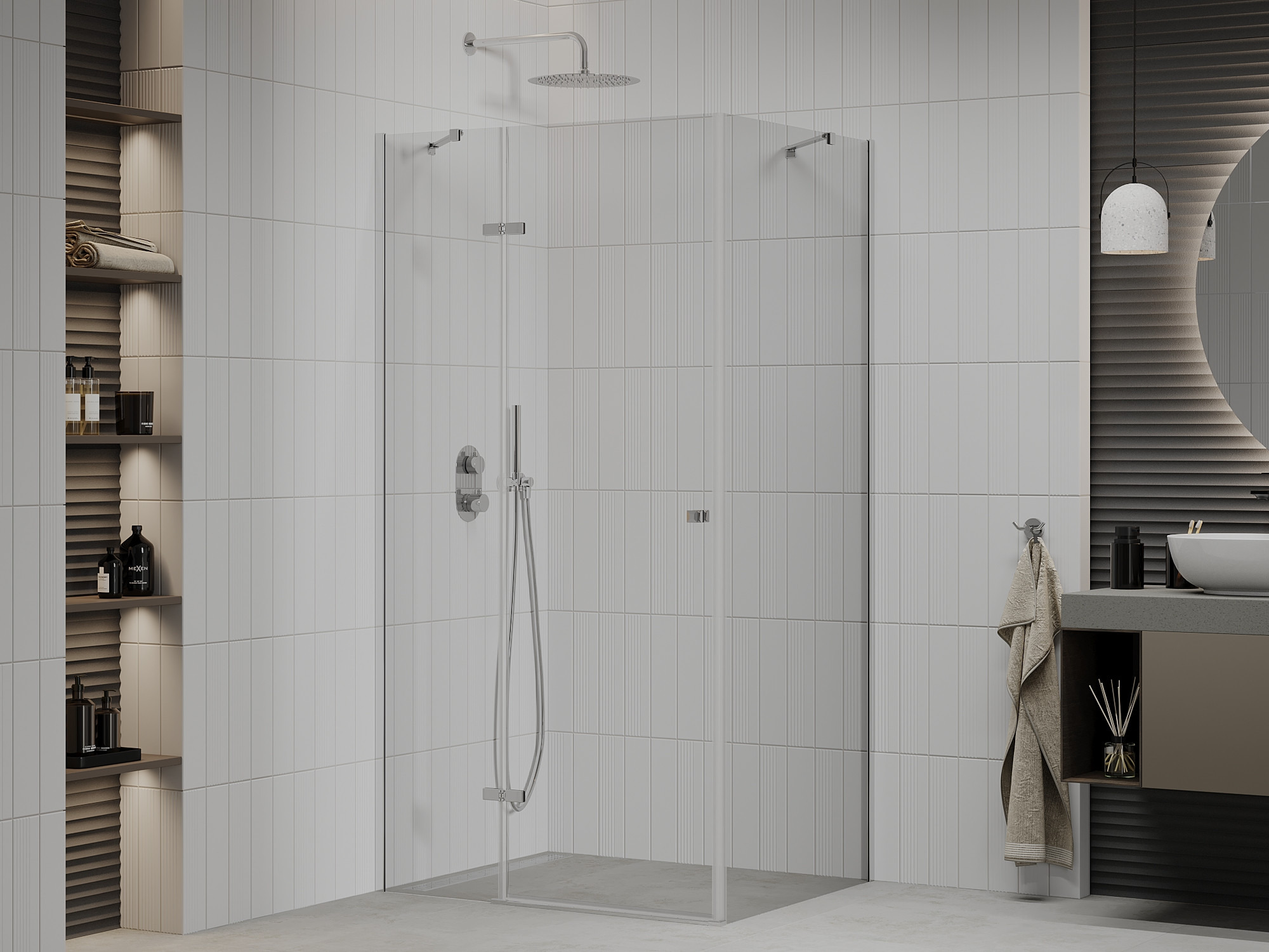 Accogliente bagno: combinazione di pareti beige con cabina doccia