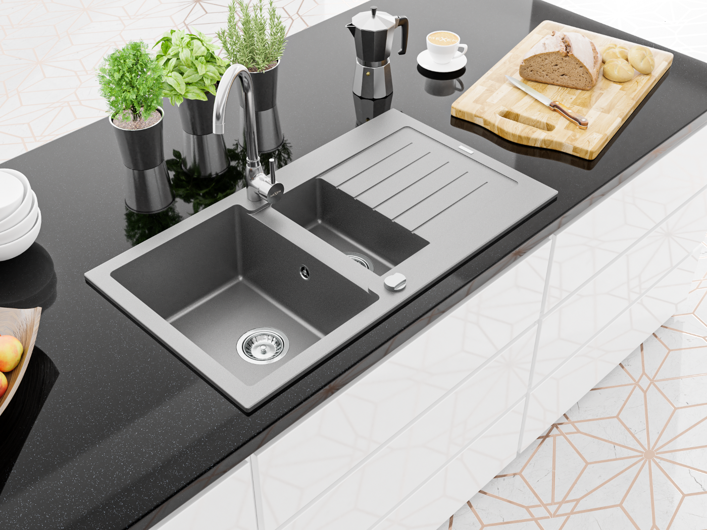 Bianco, nero, grigio in una cucina moderna