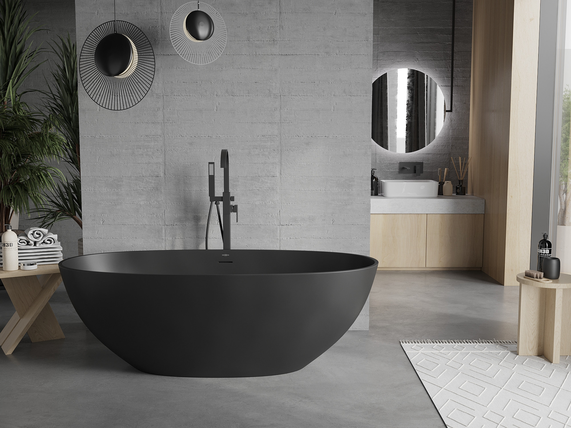 Bagno grigio con accessori neri