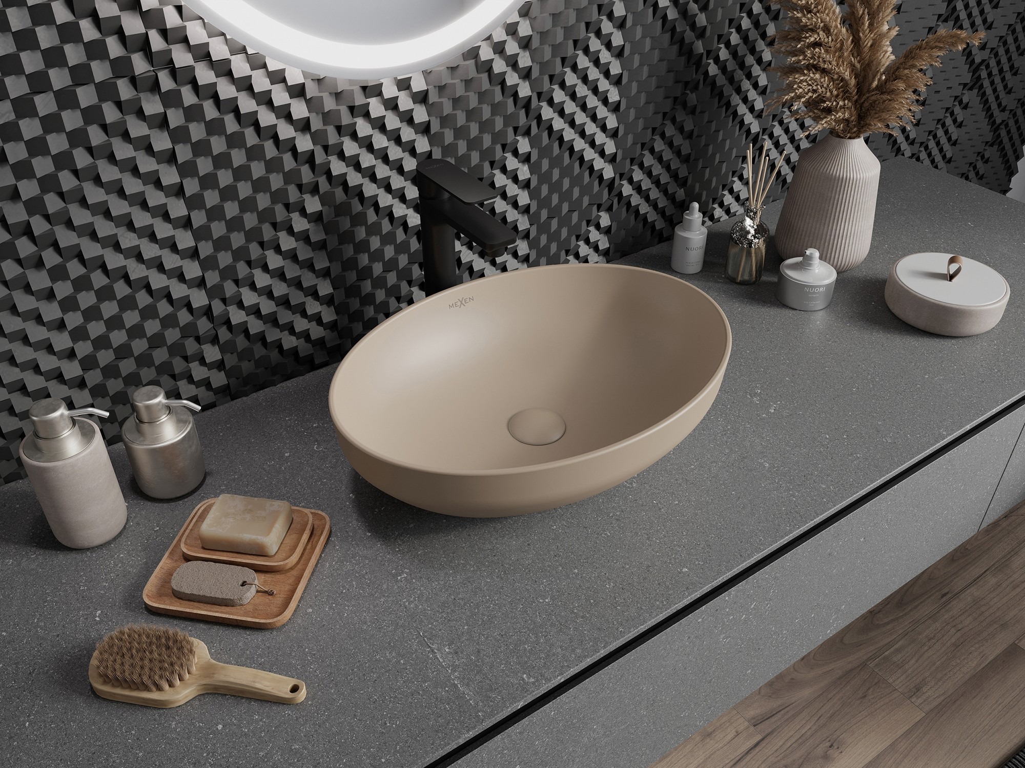 Bagno rustico con tonalità naturali di marrone e grigio
