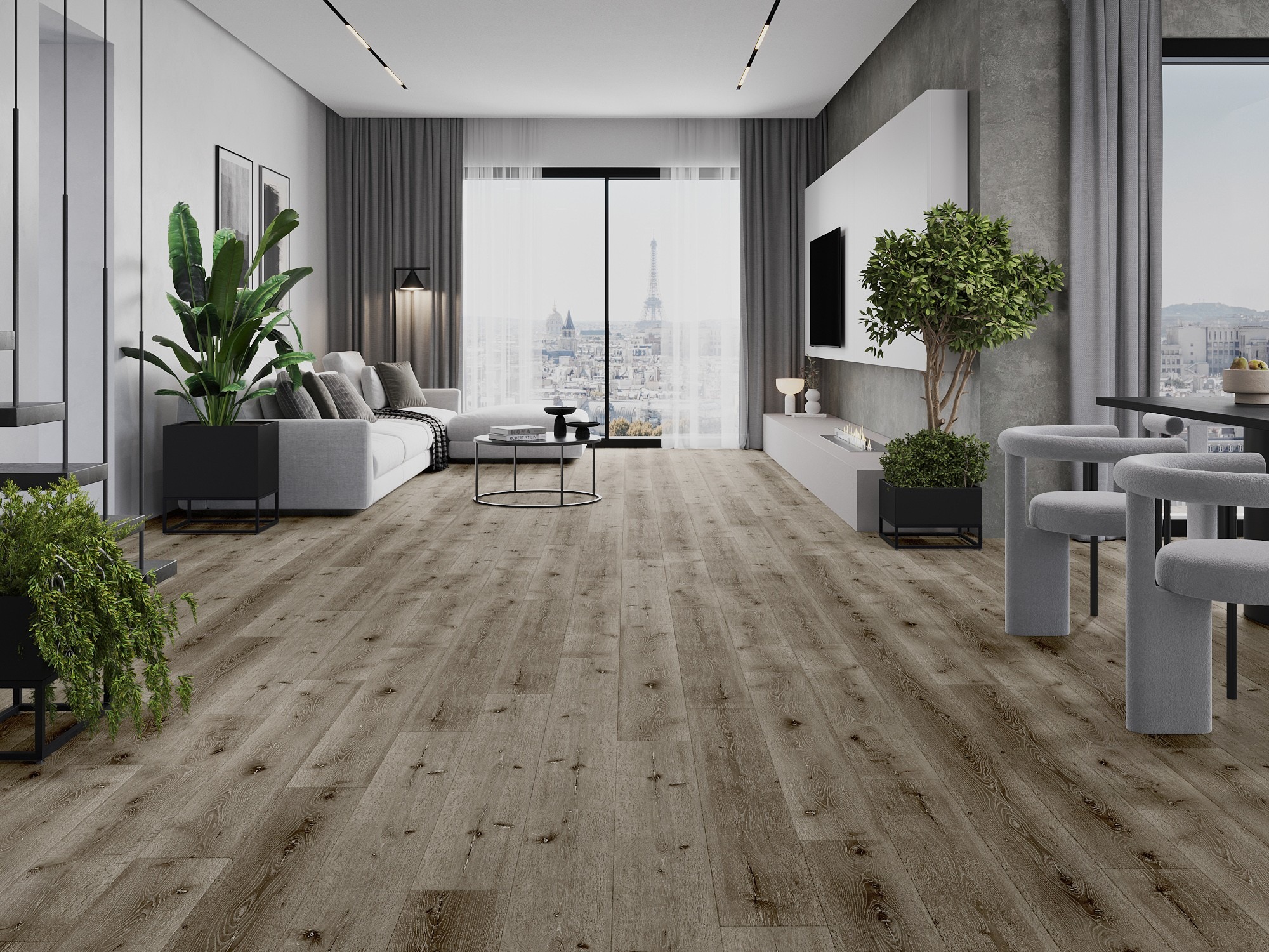 Salotto moderno con pavimento effetto legno